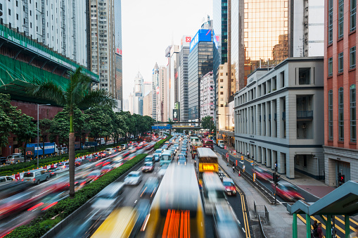 Central district in Hong Kong Island, traffic at dusk